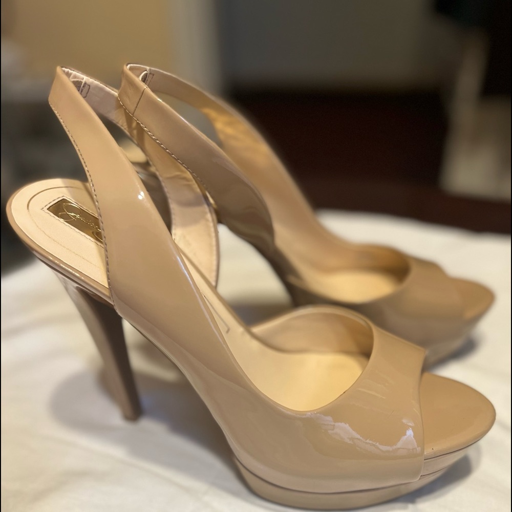 Nude patent open toe heel